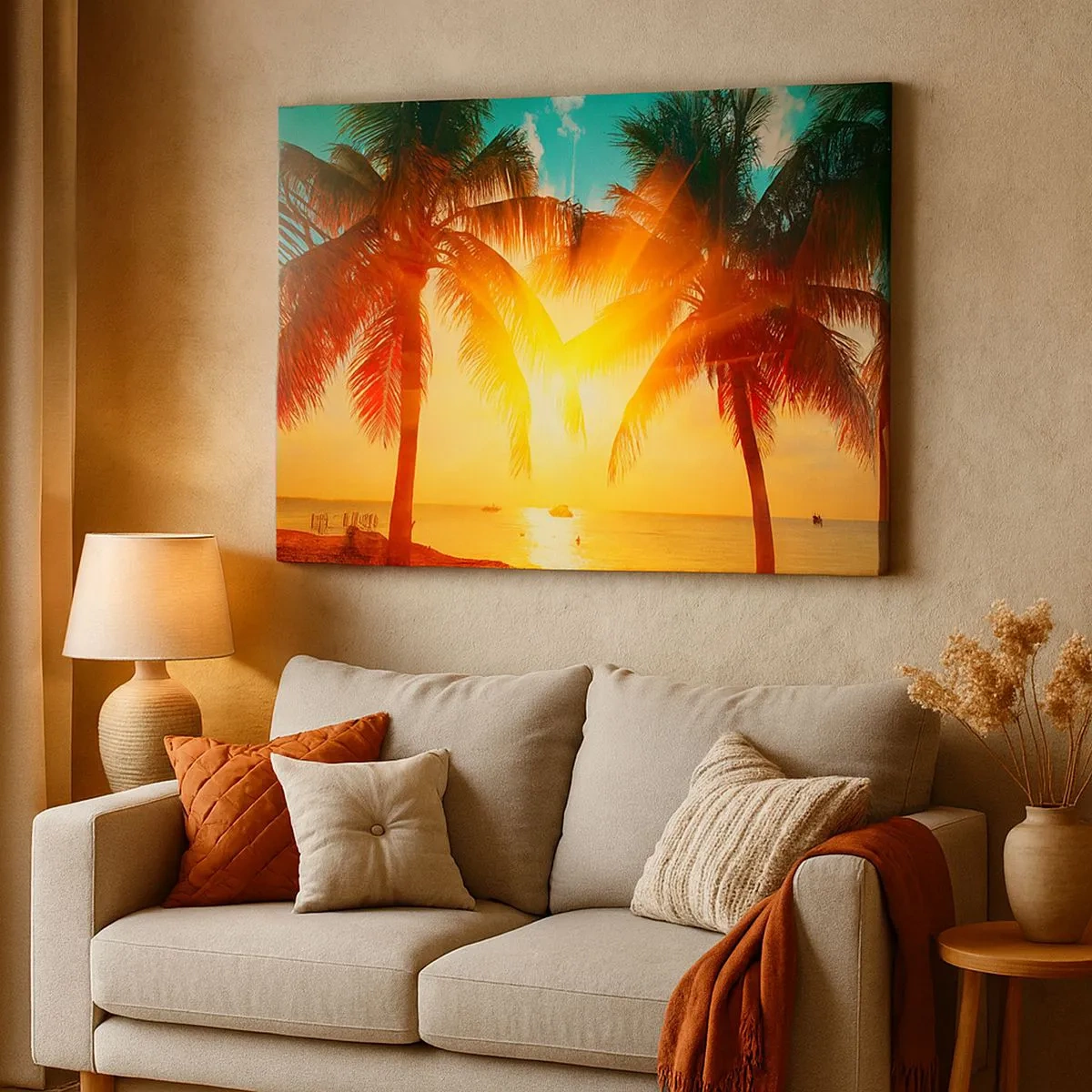 Impression sur toile - Image sur toile - Palmiers illuminés par la chaude lumière du soleil couchant - 70x50cm - Couple exotique - Décoration murale moderne pour le salon et la chambre ARTTOR