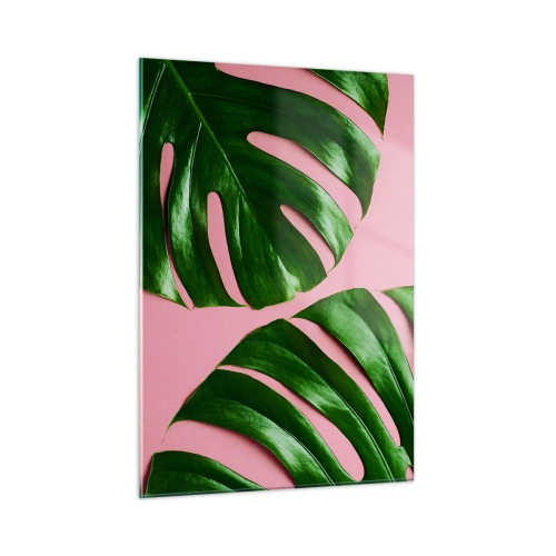 Impression sur verre - Image sur verre - Feuilles de monstera vertes sur fond rose - 50x70cm - Rendez-vous vert - Décoration murale moderne pour le salon et la chambre ARTTOR