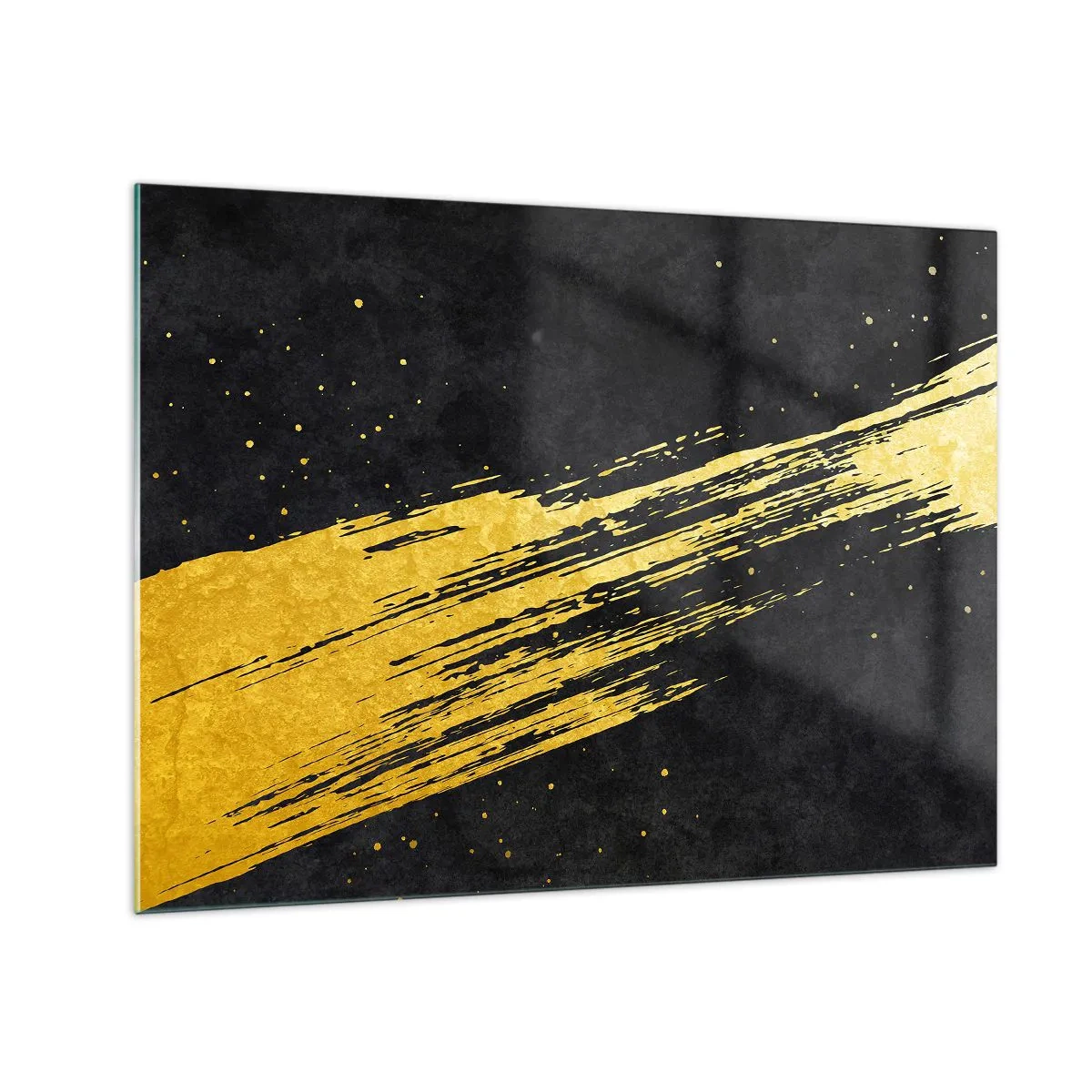 Impression sur verre - Image sur verre - Un pinceau doré sur fond noir dans une forme dynamique et abstraite - 70x50cm - Sautez dans l'hyperespace - Décoration murale moderne pour le salon et la chambre ARTTOR