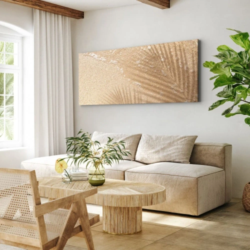 Impression sur toile - Image sur toile - L'ombre d'un palmier sur le sable avec un délicat motif de vagues - 140x50cm - Ombre d'un été chaud - Décoration murale moderne pour le salon et la chambre ARTTOR