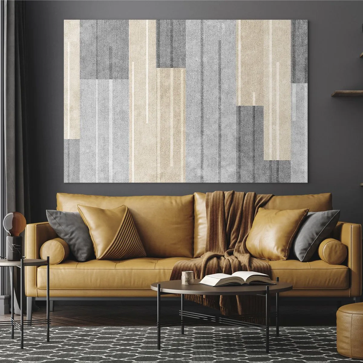 Impression sur verre - Image sur verre - Rayures géométriques dans les tons gris et beige - 70x50cm - Composition : se tenir droit - Décoration murale moderne pour le salon et la chambre ARTTOR