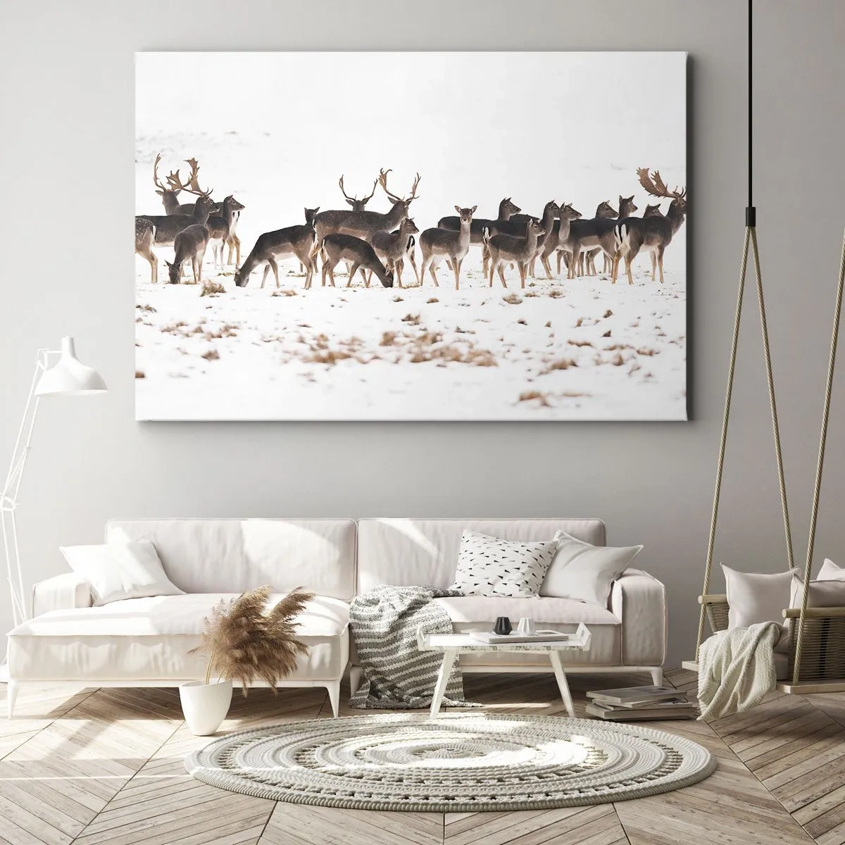 Impression sur toile - Image sur toile - Un troupeau de cerfs sur fond de neige - 100x70cm - Les fêtes approchent ? - Décoration murale moderne pour le salon et la chambre ARTTOR