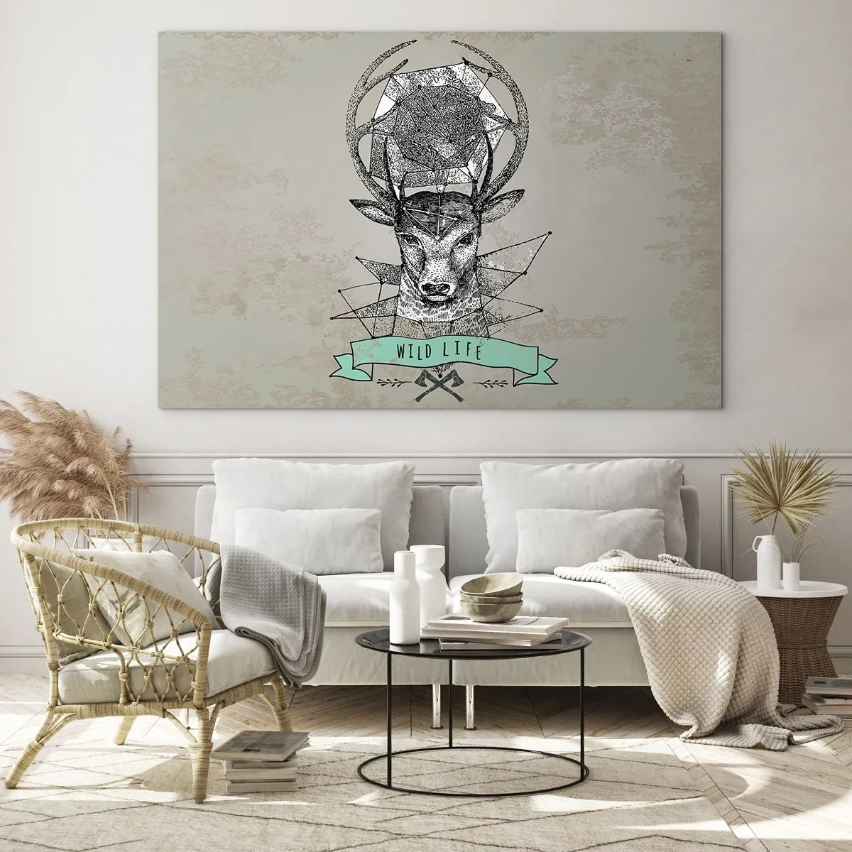 Impression sur verre - Image sur verre - Dessin géométrique d'un cerf avec l'inscription Wild Life - 100x70cm - Voir St. Hubertus - Décoration murale moderne pour le salon et la chambre ARTTOR