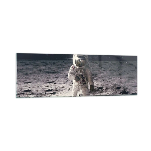 Impression sur verre - Image sur verre - Astronaute à la surface de la Lune avec la Terre en arrière-plan - 160x50cm - Salutations de la lune - Décoration murale moderne pour le salon et la chambre ARTTOR
