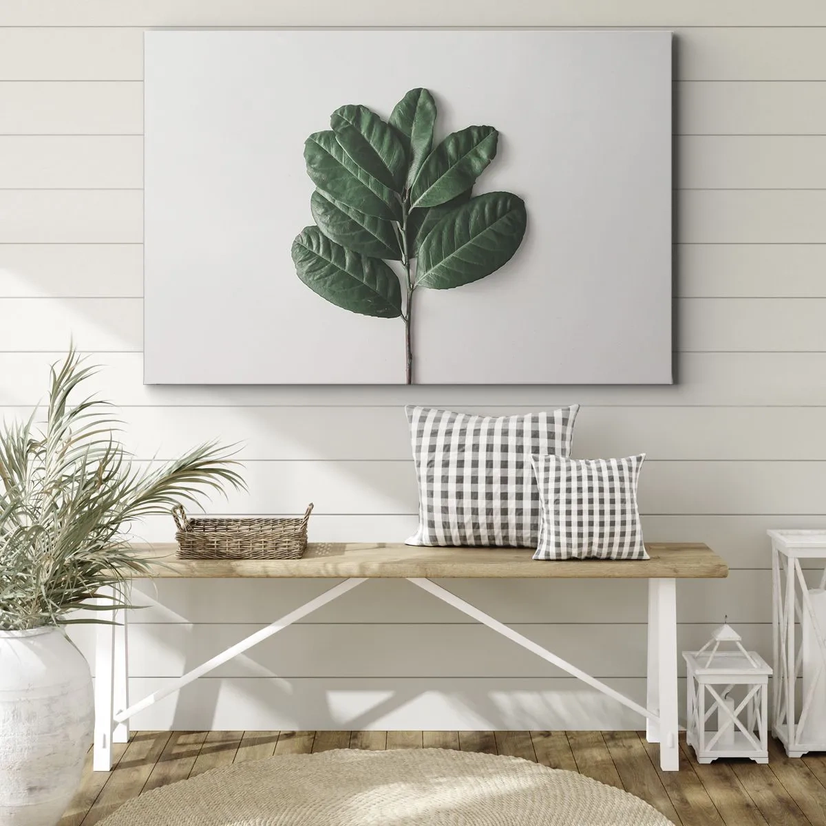 Impression sur toile - Image sur toile - Un brin de feuilles vertes sur un fond clair - 100x70cm - Dessin de la nature elle-même - Décoration murale moderne pour le salon et la chambre ARTTOR