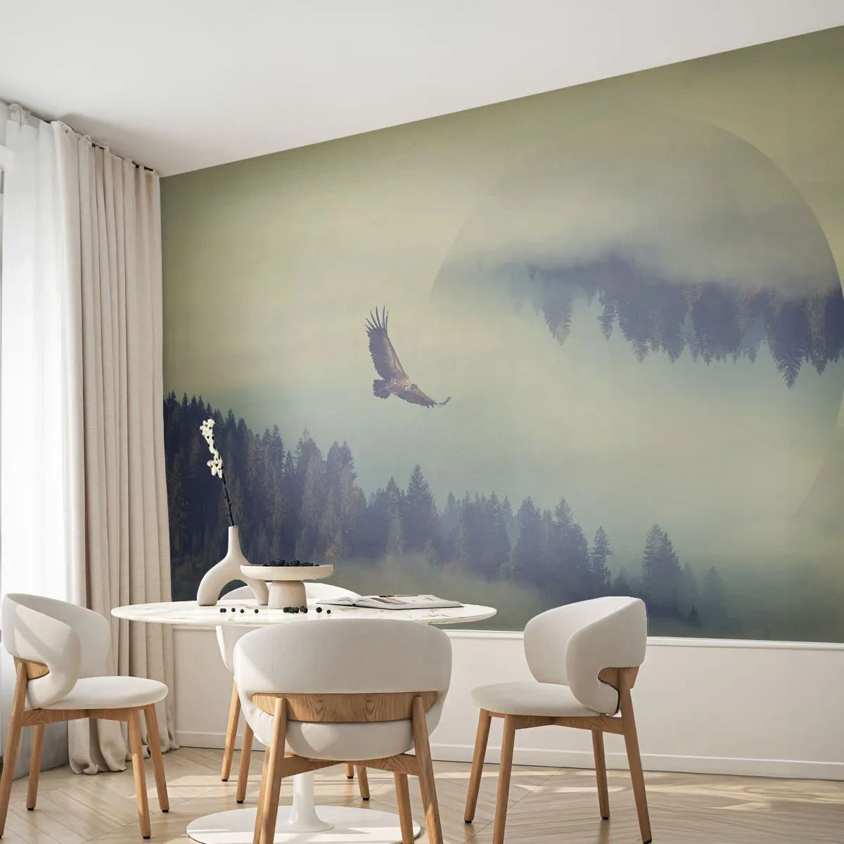 Papier Peint Photo Premium Sand - Un aigle planant au-dessus d'une forêt brumeuse - 100x70cm - J'ai vu l'ombre d'un aigle - Décoration murale moderne pour le salon et la chambre ARTTOR