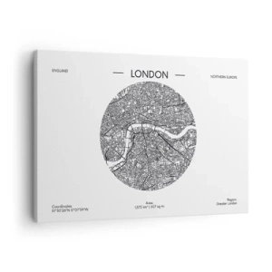 Impression sur toile - Image sur toile - Une carte minimaliste de Londres en noir et blanc avec des détails précis. - 70x50cm - Anatomie de Londres - Décoration murale moderne pour le salon et la chambre ARTTOR