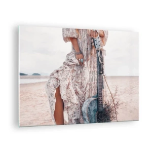 Impression sur verre - Image sur verre - Femme de style bohème avec guitare sur une plage déserte - 70x50cm - Enfant de fleur en route - Décoration murale moderne pour le salon et la chambre ARTTOR