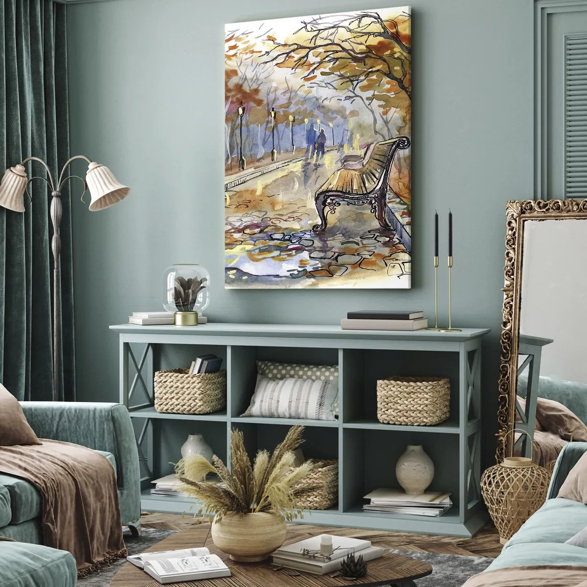 Impression sur toile - Image sur toile - Un parc d'automne avec un banc à l'aquarelle - 50x70cm - Errer ensemble à l'automne - Décoration murale moderne pour le salon et la chambre ARTTOR