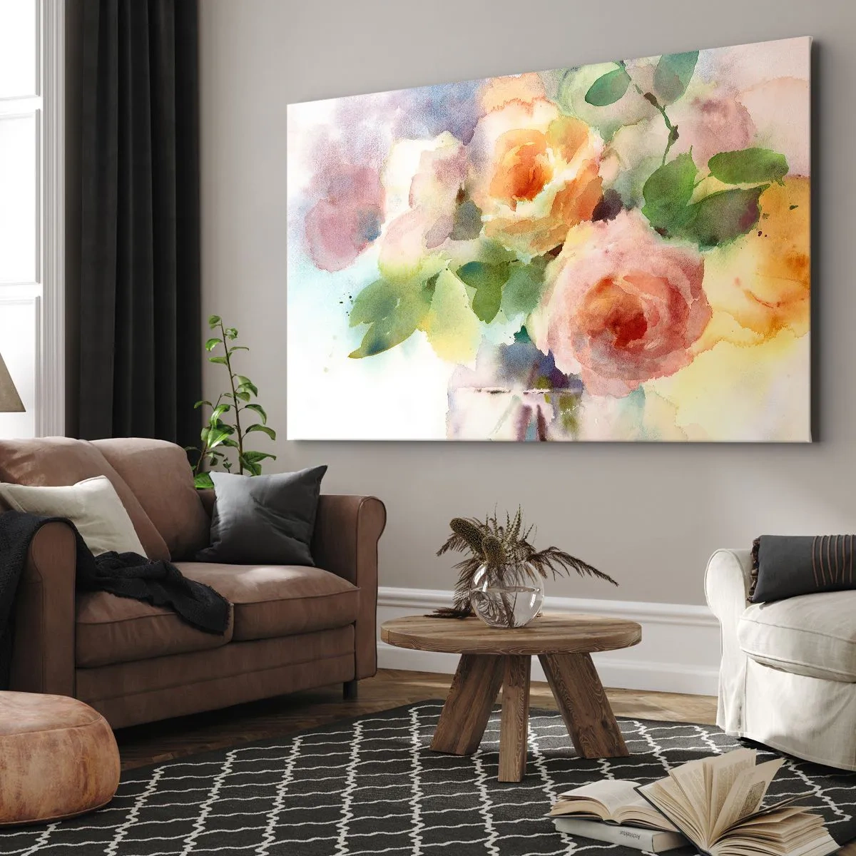 Impression sur toile - Image sur toile - Roses délicates de style aquarelle sur fond clair - 120x80cm - Délicat comme l'aquarelle - Décoration murale moderne pour le salon et la chambre ARTTOR