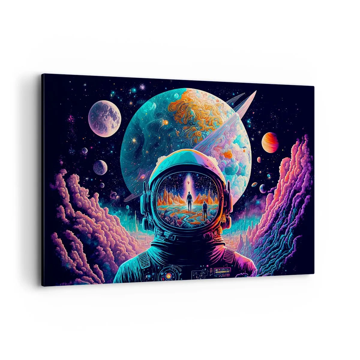 Impression sur toile - Image sur toile - Astronaute dans l'espace avec un paysage planétaire coloré - 120x80cm - Les philosophes n'en ont pas rêvé - Décoration murale moderne pour le salon et la chambre ARTTOR