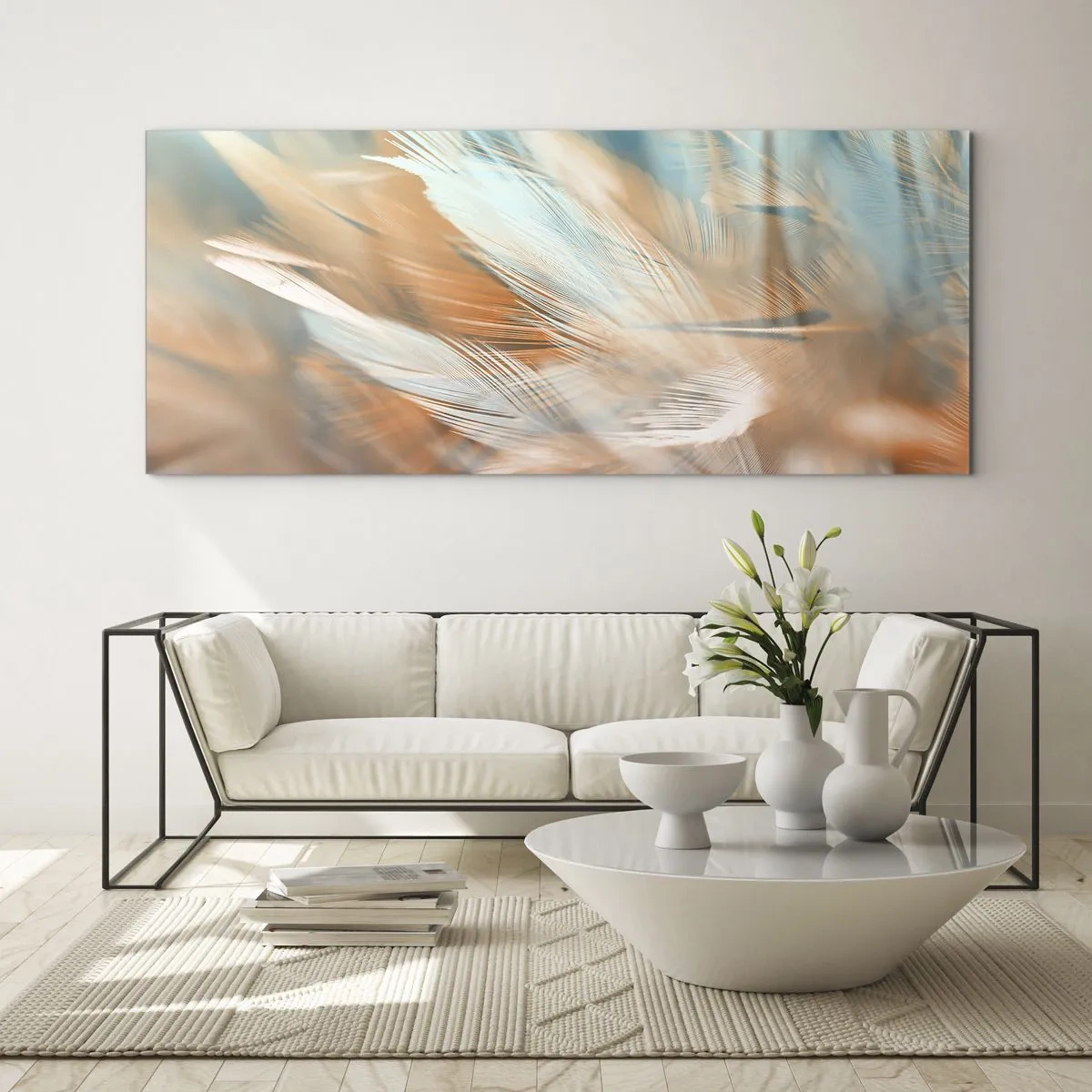 Impression sur verre - Image sur verre - Plumes délicates dans des tons pastel de bleu et d'orange - 160x50cm - Au pays de la douceur - Décoration murale moderne pour le salon et la chambre ARTTOR