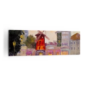 Impression sur toile - Image sur toile - Le moulin à vent rouge du Moulin Rouge entouré par le paysage urbain - 160x50cm - Icones parisiennes – le Moulin rouge - Décoration murale moderne pour le salon et la chambre ARTTOR