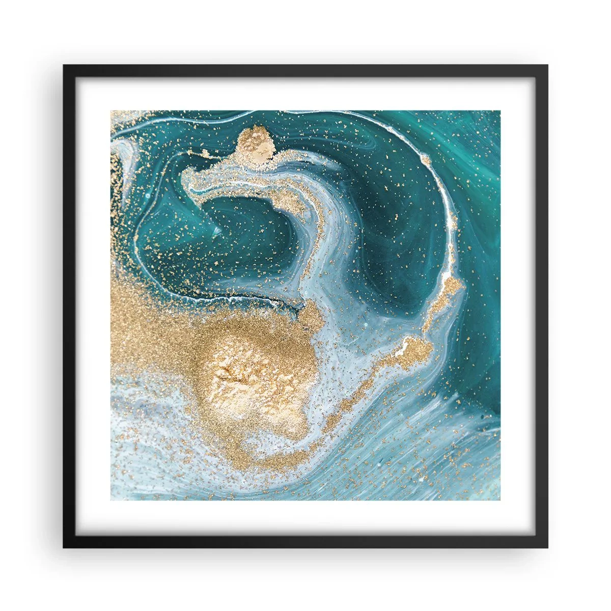 Affiche dans un cadre noir - Poster - Tourbillon d'or et de turquoise - 50x50 cm