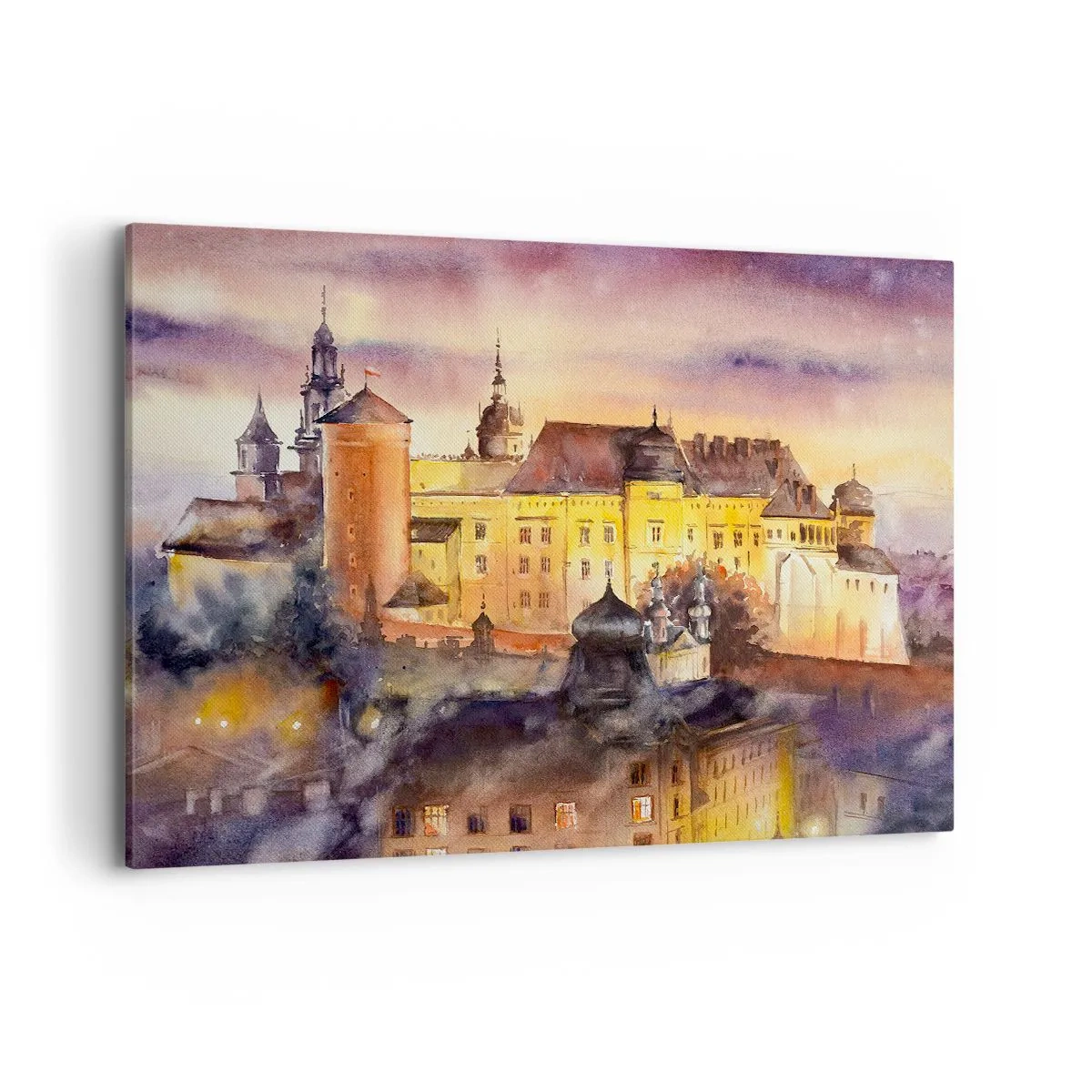 Impression sur toile - Image sur toile - Une aquarelle pittoresque d'un château au coucher du soleil - 120x80cm - Histoire et conte de fées - Décoration murale moderne pour le salon et la chambre ARTTOR