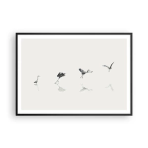 Affiche dans un cadre noir - Poster - Quatre silhouettes d'oiseaux se reflètent dans l'eau calme - 100x70cm - Quatre étapes simples - Décoration murale moderne pour le salon et la chambre ARTTOR
