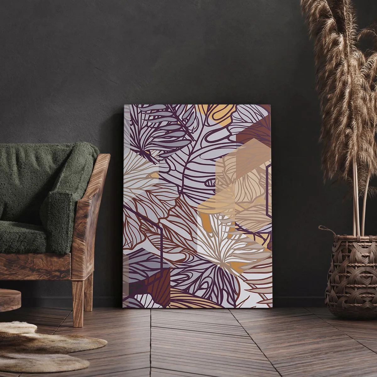 Impression sur toile - Image sur toile - Un motif décoratif de feuilles tropicales dans des tons de violet, d'orange et de beige. - 50x70cm - Relation impossible entre la géométrie et la nature - Décoration murale moderne pour le salon et la chambre ARTTO