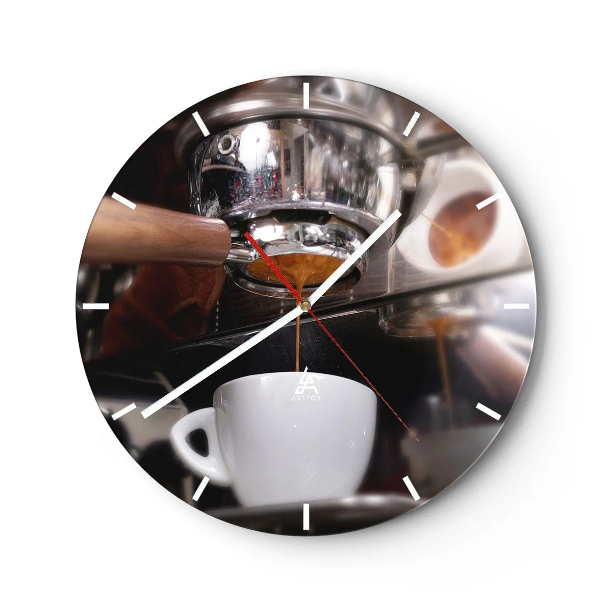 Horloge murale - Pendule murale - Gros plan d'une machine à café avec une tasse d'espresso - 30x30cm - Bon moment de la journée - Décoration murale moderne pour le salon, la cuisine et la chambre ARTTOR