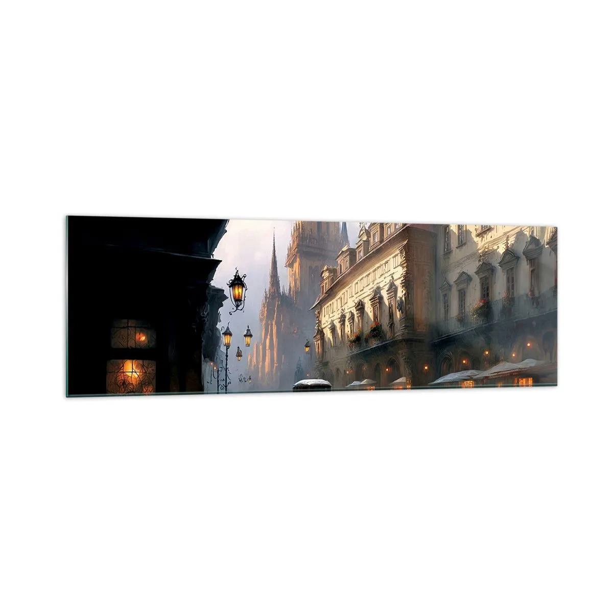 Impression sur verre - Image sur verre - Scène de rue en soirée avec une architecture historique - 160x50cm - Le charme d'une soirée pragoise - Décoration murale moderne pour le salon et la chambre ARTTOR