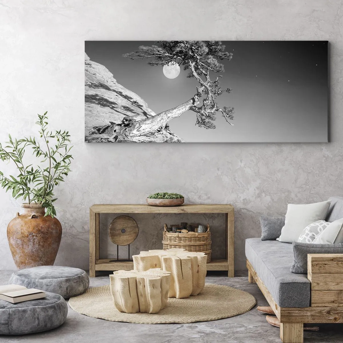 Impression sur toile - Image sur toile - Arbre noir et blanc sur une falaise avec la lune en arrière-plan - 140x50cm - Un combattant vainqueur - Décoration murale moderne pour le salon et la chambre ARTTOR