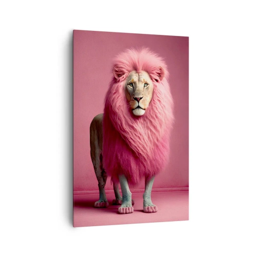 Impression sur toile - Image sur toile - Un lion rendu artistiquement avec une crinière rose sur un fond rose - 80x120cm - Et tu n'as plus peur - Décoration murale moderne pour le salon et la chambre ARTTOR