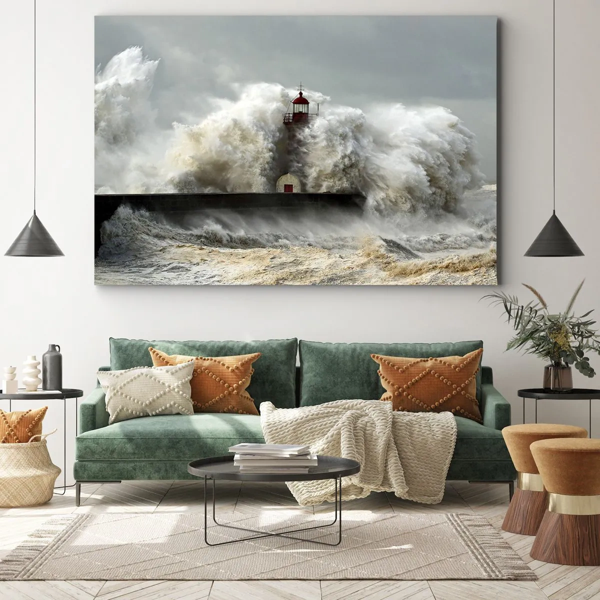 Impression sur toile - Image sur toile - Un phare entouré de vagues violentes pendant une tempête - 70x50cm - La colère de l'océan - Décoration murale moderne pour le salon et la chambre ARTTOR