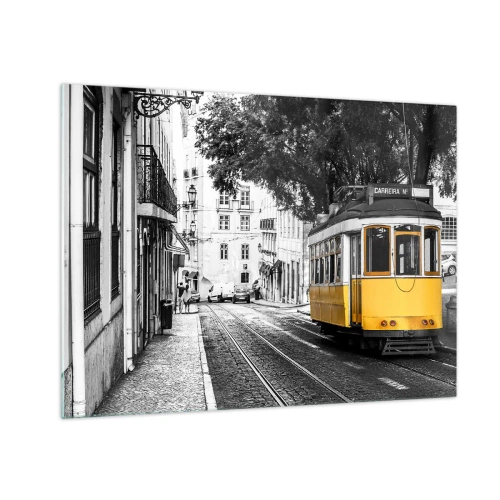 Impression sur verre - Image sur verre - Un tramway jaune sur fond de rue en noir et blanc - 70x50cm - Et du fado en arrière-plan - Décoration murale moderne pour le salon et la chambre ARTTOR