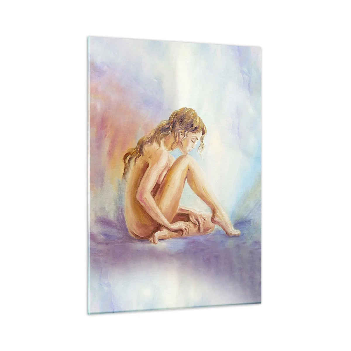 Impression sur verre - Image sur verre - Une femme en reflet subtil sur un fond de couleurs pastel - 50x70cm - Acte de jeunesse - Décoration murale moderne pour le salon et la chambre ARTTOR