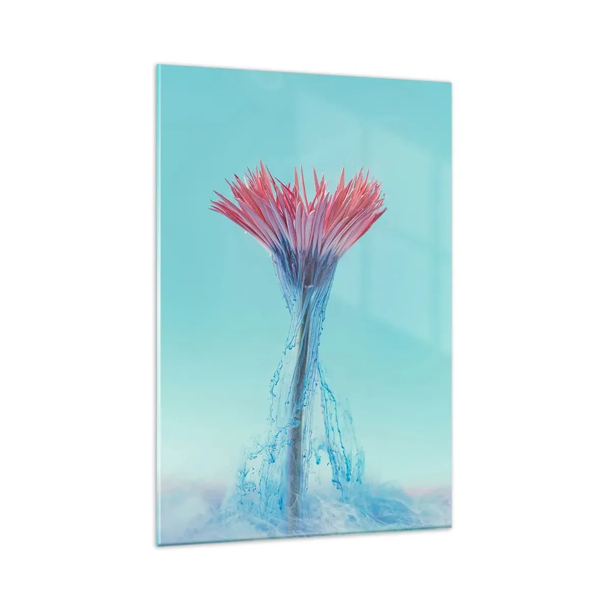 Impression sur verre - Image sur verre - Une fleur rose et bleue dans un arrangement artistique sur un fond pastel - 80x120cm - Dans une étreinte vivifiante - Décoration murale moderne pour le salon et la chambre ARTTOR