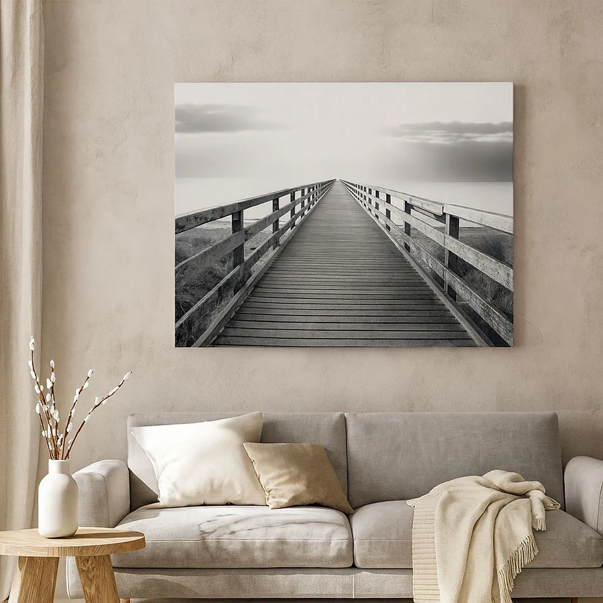 Impression sur toile - Image sur toile - Une image en noir et blanc d'une jetée en bois menant vers l'horizon. - 70x50cm - A perte de vue... - Décoration murale moderne pour le salon et la chambre ARTTOR