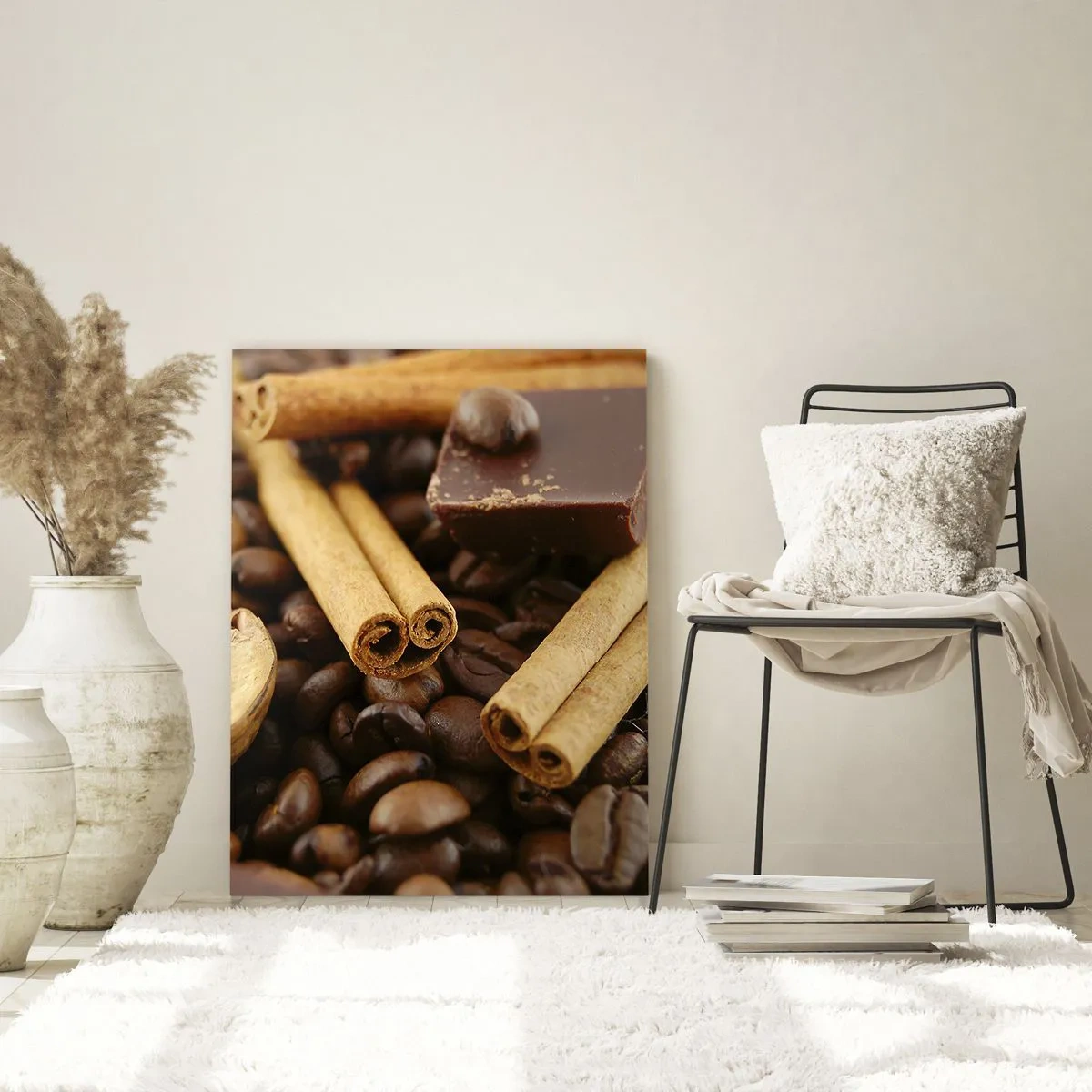 Impression sur verre - Image sur verre - Grains de café avec bâtons de cannelle, chocolat et noix. - 70x100cm - Concert d'aromates - Décoration murale moderne pour le salon et la chambre ARTTOR