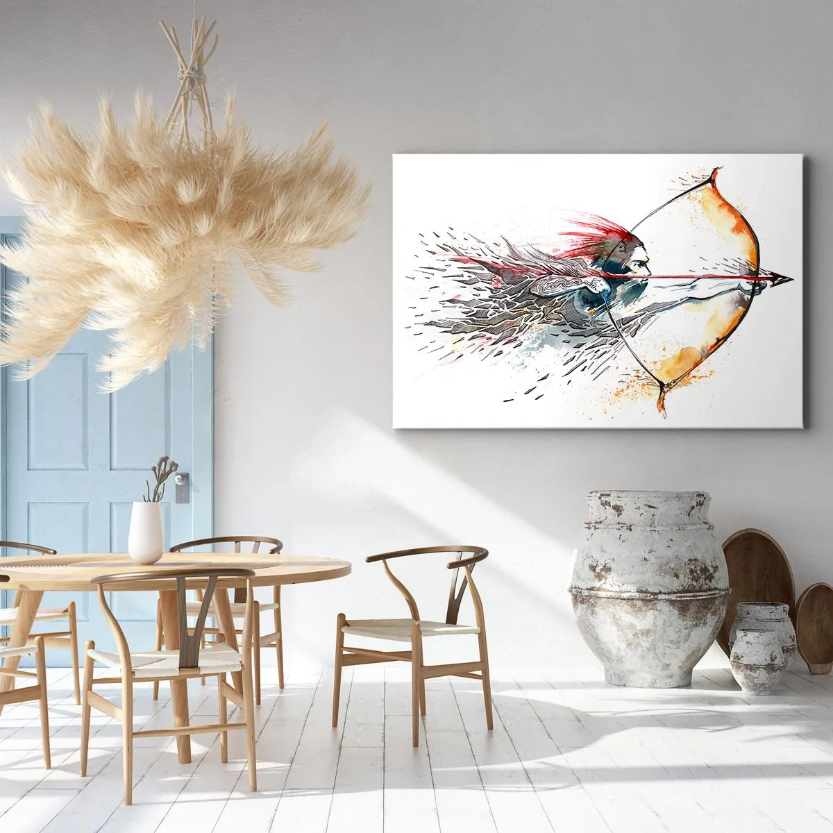 Impression sur toile - Image sur toile - Aquarelle dynamique d'un guerrier avec un arc et des flèches - 120x80cm - Guerrier mythique avec un arc de feu - Décoration murale moderne pour le salon et la chambre ARTTOR
