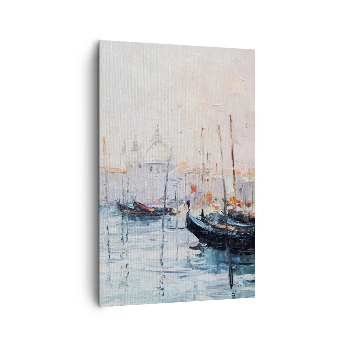 Impression sur toile - Image sur toile - Vue pittoresque des canaux avec des bateaux aux couleurs pastel - 80x120cm - Derrière l'eau, derrière le brouillard - Décoration murale moderne pour le salon et la chambre ARTTOR