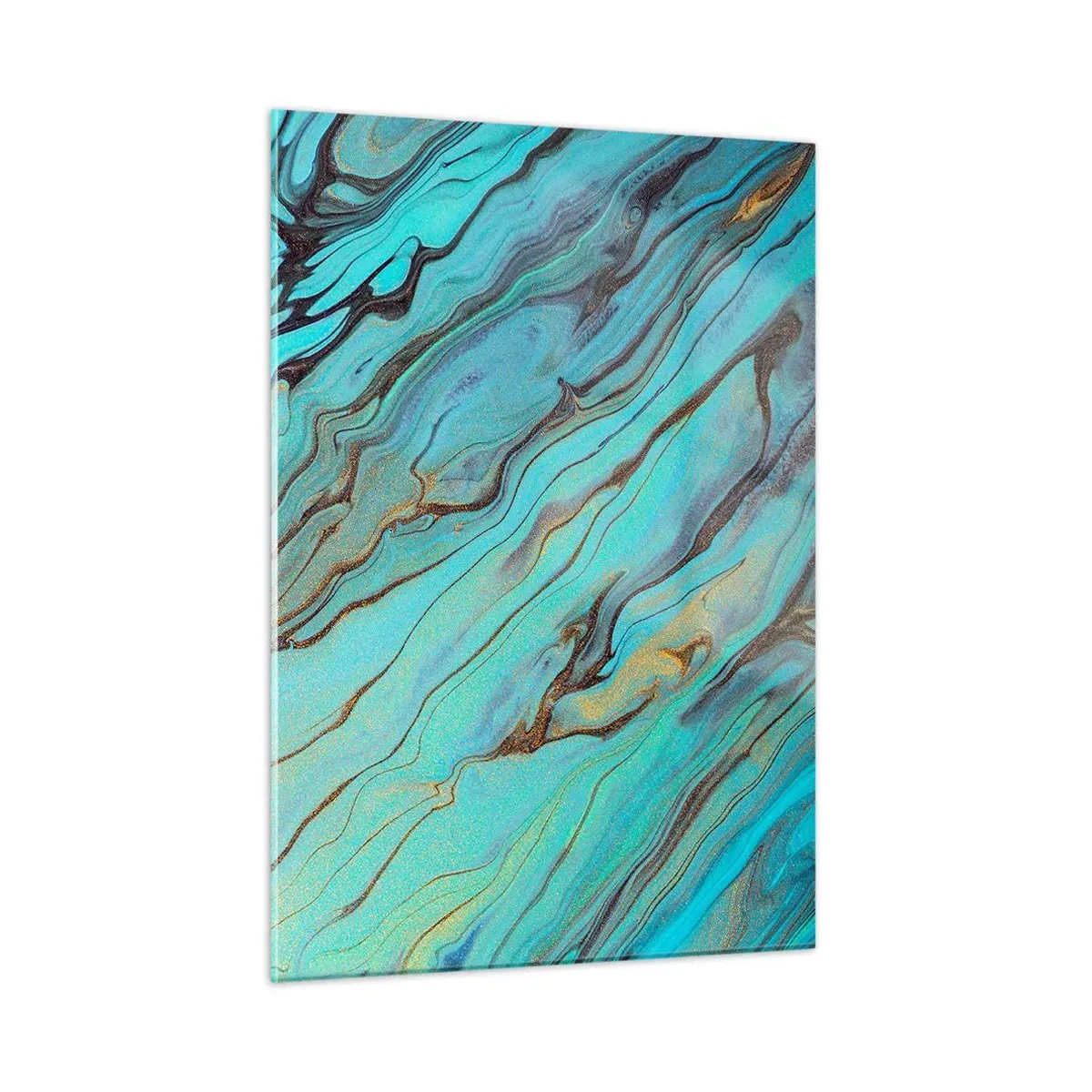 Impression sur verre - Image sur verre - Des stries abstraites en turquoise et or - 50x70cm - Marée turquoise - Décoration murale moderne pour le salon et la chambre ARTTOR
