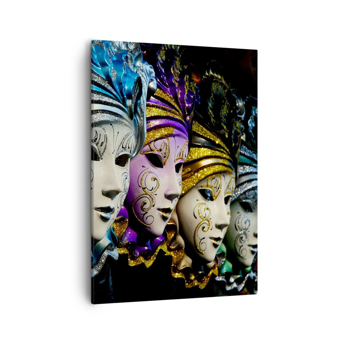 Impression sur toile - Image sur toile - Masques vénitiens de différentes couleurs avec des motifs décoratifs - 50x70cm - Mystère en or et argent - Décoration murale moderne pour le salon et la chambre ARTTOR