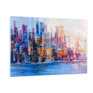 Impression sur verre - Image sur verre - Un panorama coloré de la ville peint avec des coups de pinceau - 120x80cm - Une métropole joyeuse - Décoration murale moderne pour le salon et la chambre ARTTOR