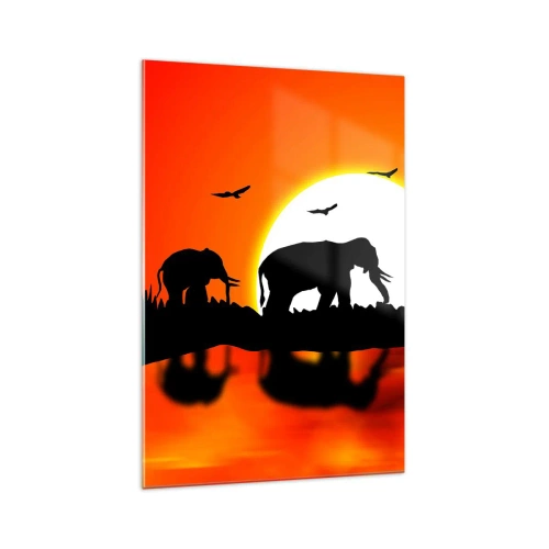 Impression sur verre - Image sur verre - Silhouettes d'éléphants au coucher du soleil sur l'eau avec reflet - 70x100cm - Et le soir pour un petit verre - Décoration murale moderne pour le salon et la chambre ARTTOR