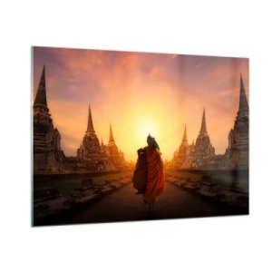 Impression sur verre - Image sur verre - Un moine sur fond de soleil couchant et de temples en Asie - 100x70cm - En paix pour l'éternité - Décoration murale moderne pour le salon et la chambre ARTTOR