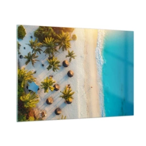 Impression sur verre - Image sur verre - Vue aérienne d'une plage tropicale avec palmiers et parasols - 100x70cm - Bienvenue au paradis - Décoration murale moderne pour le salon et la chambre ARTTOR