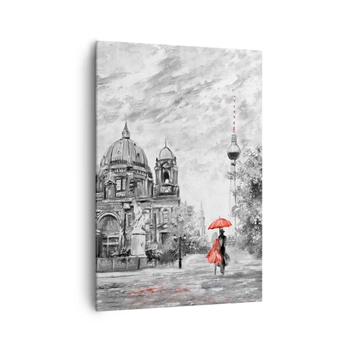 Impression sur toile - Image sur toile - Scène en noir et blanc avec Berlin, un parapluie rouge et un arbre - 70x100cm - Rencontre berlinoise - Décoration murale moderne pour le salon et la chambre ARTTOR
