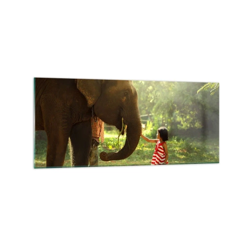 Impression sur verre - Image sur verre - Une fille en robe rouge touchant un éléphant dans la forêt. - 120x50cm - La force de l'amitié - Décoration murale moderne pour le salon et la chambre ARTTOR