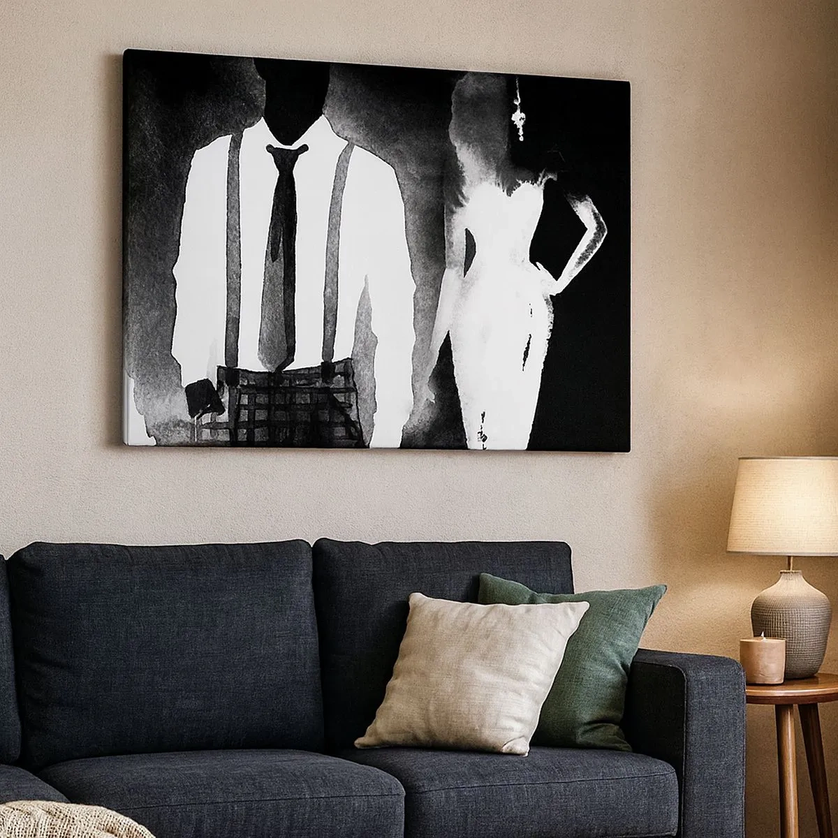 Impression sur toile - Image sur toile - Personnages de style noir, élégance et mystère en noir et blanc - 70x50cm - Ambiance noire - Décoration murale moderne pour le salon et la chambre ARTTOR