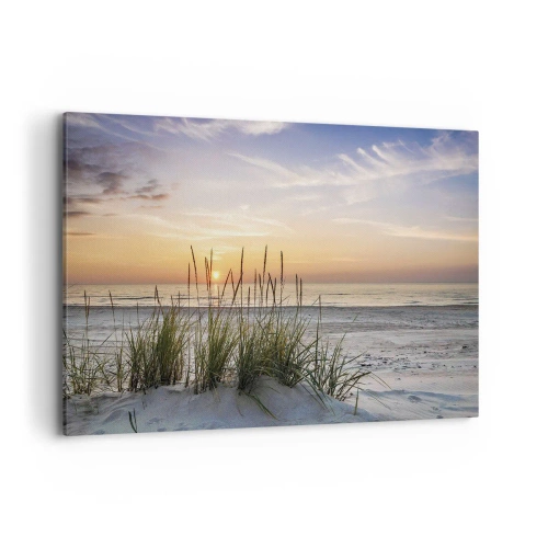 Impression sur toile - Image sur toile - Une plage de sable au coucher du soleil avec de l'herbe en arrière-plan - 120x80cm - Regarde, pense, ressent - Décoration murale moderne pour le salon et la chambre ARTTOR
