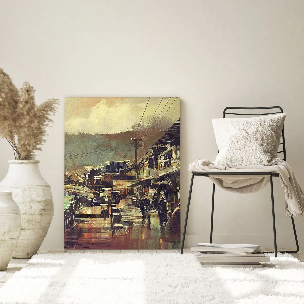 Impression sur verre - Image sur verre - Une ville avec un pont et des rues au style artistique - 80x120cm - La vie comme une richesse de gris - Décoration murale moderne pour le salon et la chambre ARTTOR