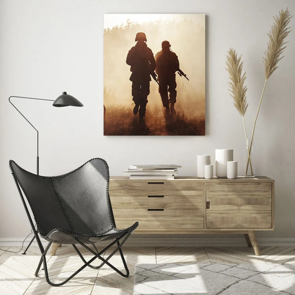 Impression sur verre - Image sur verre - Deux soldats en action sur fond de soleil couchant - 50x70cm - Call of Duty - Décoration murale moderne pour le salon et la chambre ARTTOR