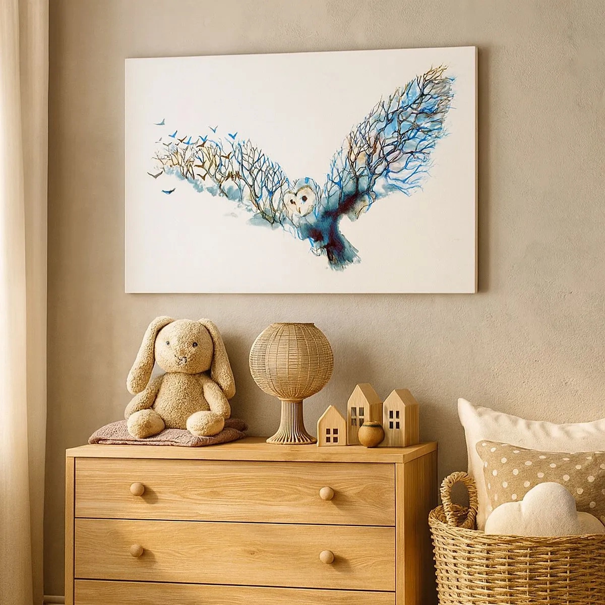 Impression sur toile - Image sur toile - Graphique artistique d'un hibou aux ailes déployées - 70x50cm - Sur les ailes de la forêt - Décoration murale moderne pour le salon et la chambre ARTTOR