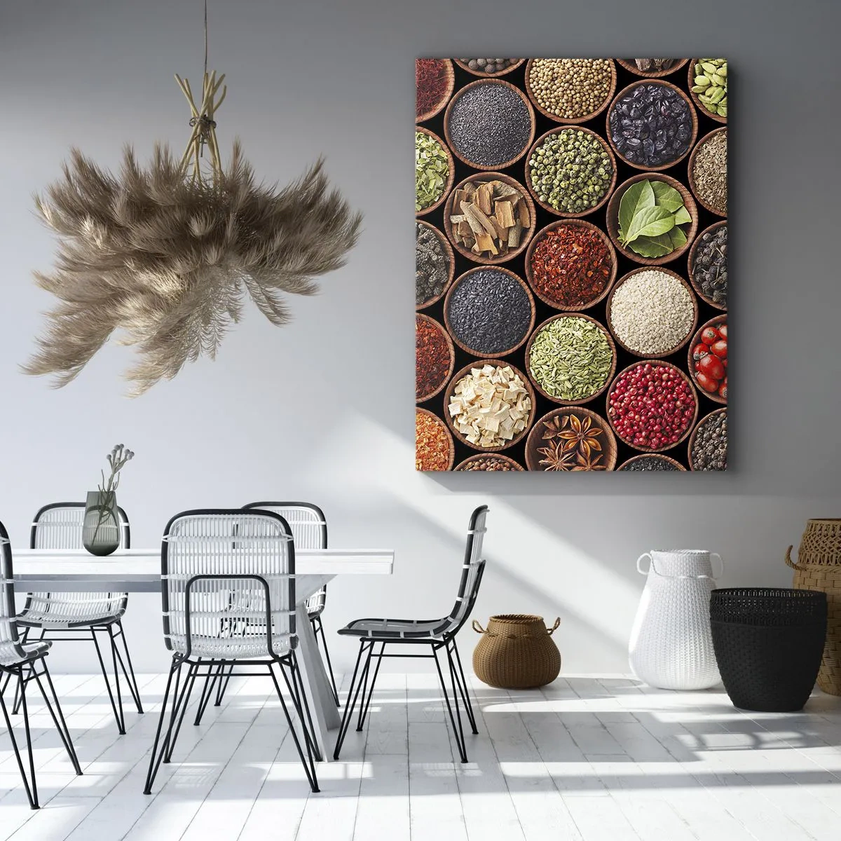 Impression sur toile - Image sur toile - Épices colorées dans des récipients ronds - 50x70cm - Toutes les saveurs du monde - Décoration murale moderne pour le salon et la chambre ARTTOR