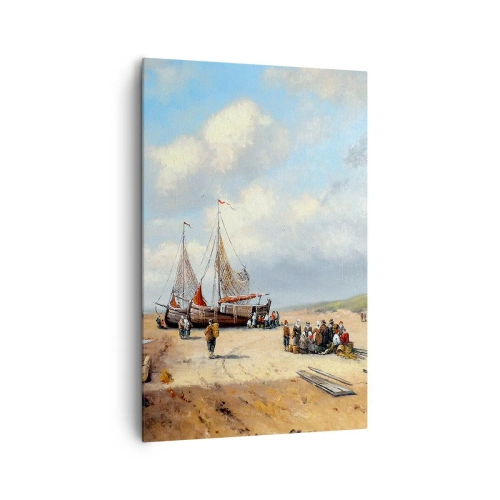 Impression sur toile - Image sur toile - Bateaux de pêche sur la plage avec des figures humaines - 80x120cm - Après une capture réussie - Décoration murale moderne pour le salon et la chambre ARTTOR