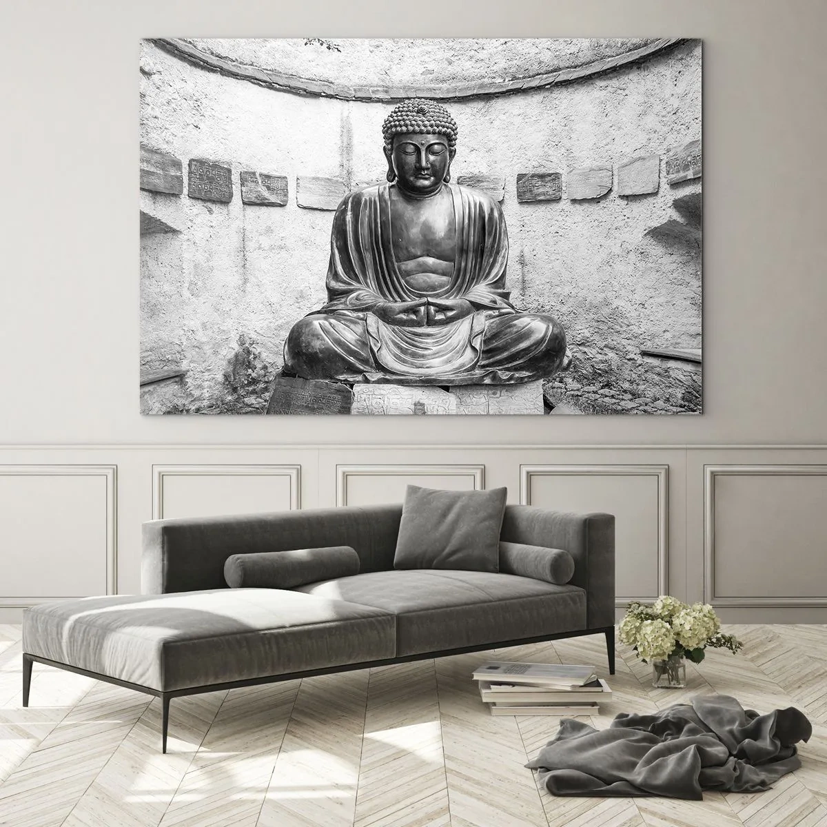 Impression sur verre - Image sur verre - Statue de Bouddha en noir et blanc dans une pose méditative - 100x70cm - A la source de la paix - Décoration murale moderne pour le salon et la chambre ARTTOR