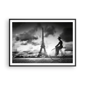 Affiche dans un cadre noir - Poster - Image en noir et blanc d'un vélo rétro avec la tour Eiffel en arrière-plan - 100x70cm - Nostalgie de la Belle Epoque - Décoration murale moderne pour le salon et la chambre ARTTOR